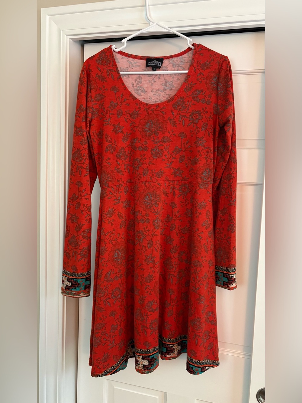 Angie Red Floral Long-Sleeve A-Line Dress with Decorative Trim